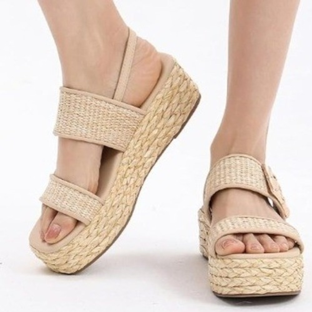 Shoe' N Tale Platform Sandals Women 8.5 Beige Woven Buckle Espadrille Boho 8.5